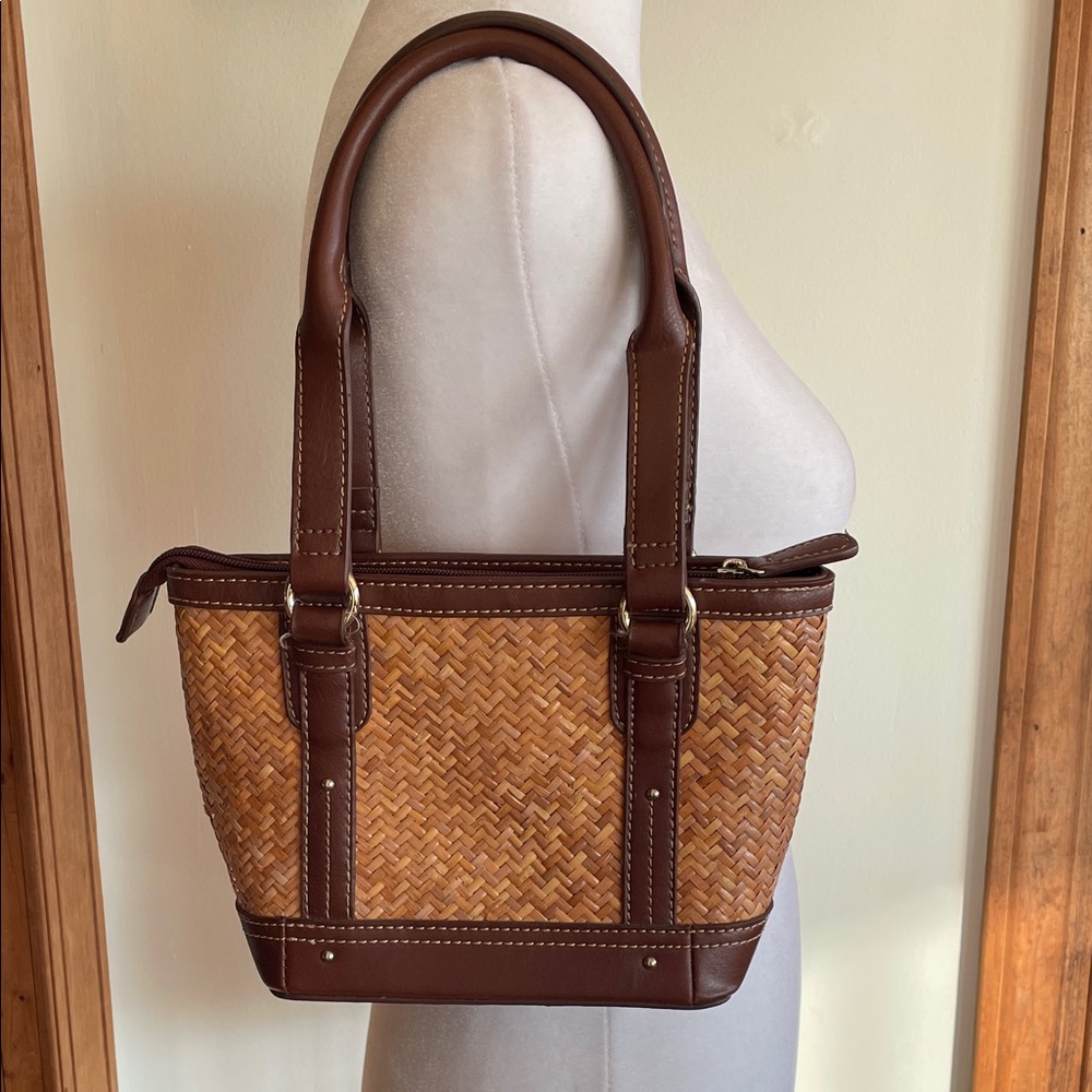 ETIENNE AIGNER Brown Tan Rattan Woven Small Tote Vintage